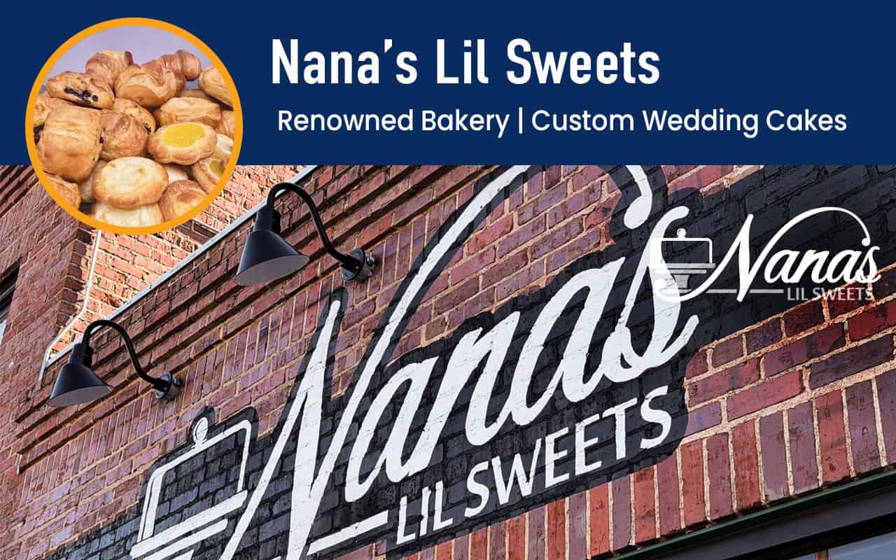 Nana's Lil Sweets bakery storefront with logo on brick wall.